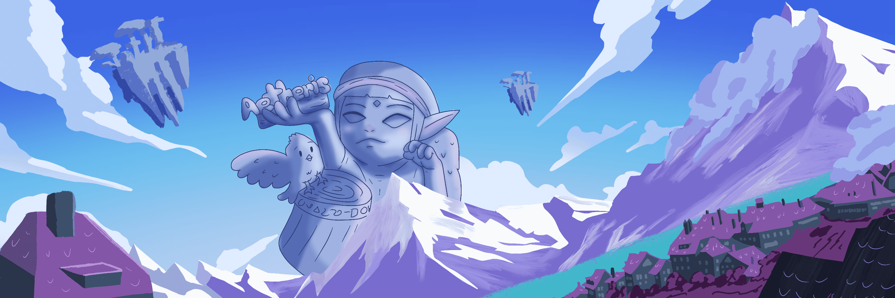 The realm of Aetheris — floating islands, ancient guardian, distant peaks